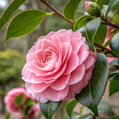 Delicate pink camellia flower in full bloom surrounded by lush green leaves and soft bokeh background