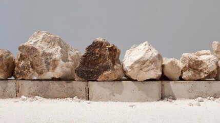 Beige rocks on pale concrete blocks