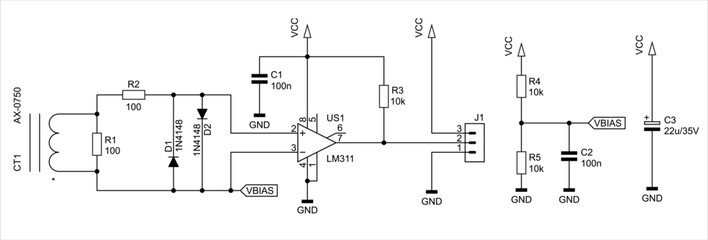 Schematic diagram of electronic device on sheet of paper. Vector drawing electrical circuit with integrated circuit of operational amplifier, connector,
resistor, capacitor, diode, transformer, other.