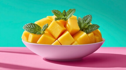Sweet Mango Cubes with Mint in Bowl