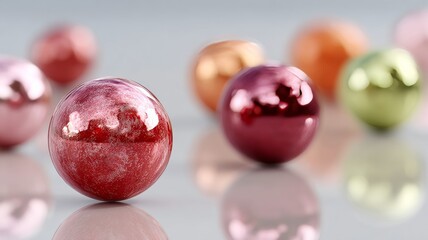 chrome fruit spheres background, reflective candy-apple finishes, studio reflections, futuristic glossy look