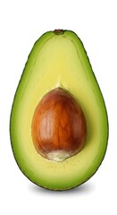 A ripe avocado cut in half to reveal its creamy green flesh and large brown seed, isolated on white background