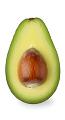 Closeup view of a halved avocado with its large central seed and bright green flesh, isolated on white background