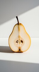 A halved pear with its seeds visible, isolated on white background