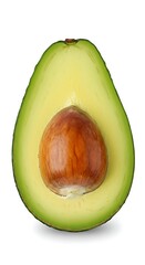 A halved avocado with its large brown seed isolated on a white background