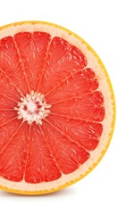 Closeup view of a juicy pink grapefruit half, isolated on white background, showcasing its vibrant segments and texture