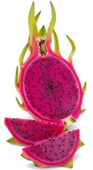 Vibrant pink dragon fruit cut in half with slices, isolated on white background