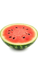 Juicy red watermelon slice with black seeds, isolated on white background