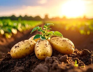 Potatoes sprouting in a field at sunset