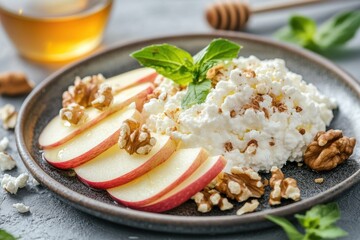 Healthy snack of cottage cheese, apple slices, and walnuts on a dark plate with honey in the background