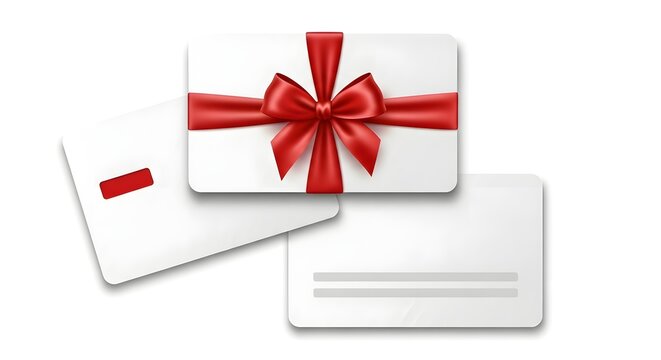 Gift card with red ribbon and bow isolated on white background