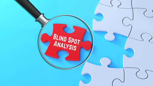 Blind Spot Analysis message magnified on red puzzle background in 3D text banner 