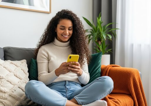 Young woman relaxing on sofa using smartphone enjoying online content and digital communication at home