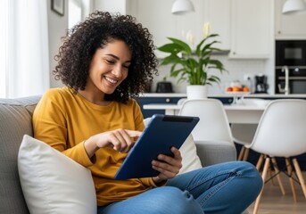 Happy woman using tablet on couch smiling relaxed casual home lifestyle technology connection entertainment browsing digital device