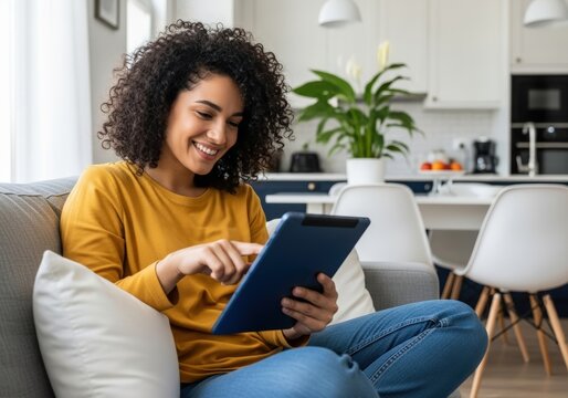 Happy woman using tablet on couch smiling relaxed casual home lifestyle technology connection entertainment browsing digital device - Powered by Adobe