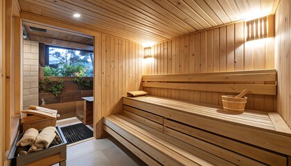Wooden sauna with outdoor view
