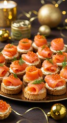 Festive holiday appetizers featuring smoked salmon and caviar on small toasts