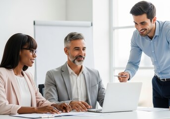 Obraz premium Diverse business team collaborates in modern office with laptop presentation and discussion promoting teamwork and professional growth.