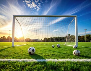 Soccer balls on a soccer field at sunset