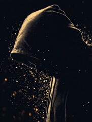 Silhouette of a person in a hoodie surrounded by golden particles in a dark setting, creating a mysterious and captivating atmosphere