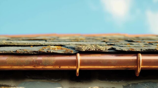 Copper gutter and stone roof with blue sky background on a sunny day in a rural area