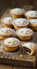 Arrangement of traditional mince pies topped with powdered sugar on a wooden board