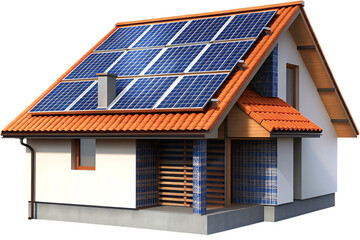Fototapeta premium Small house with solar panels on the roof isolated on white background
