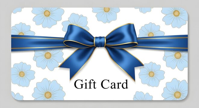 Blue ribbon and flower gift card isolated on white background