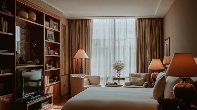 A luxuriously appointed bedroom boasts warm wood tones and soft lighting, complemented by a large window offering a captivating view.