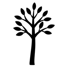 Minimalist black silhouette of a tree with oval leaves on white