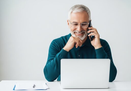 Elderly man engaged in a phone conversation while using a laptop computer for business or personal communication