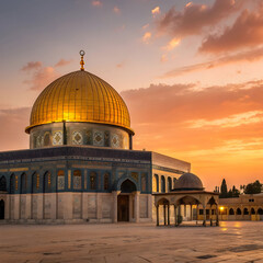 Obraz premium golden dome mosque with glowing lights at sunset