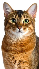 Obraz premium Close-up portrait of a captivating Bengal cat, showcasing its striking brown and amber coat pattern against a plain white background.