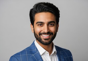 Professional portrait of a smiling man in a blue plaid blazer and white shirt confident and approachable business professional
