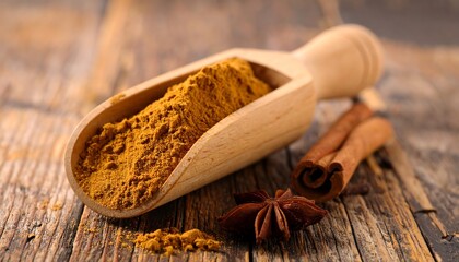 Wooden scoop filled with ground spice, cinnamon sticks, and star anise on a rustic wooden surface