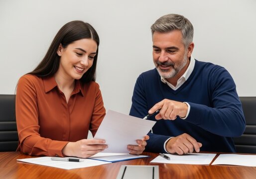 Two professionals collaborate at a desk reviewing documents and discussing important business matters with smiles and engagement