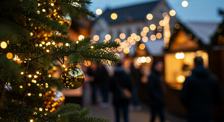 Christmas market with lights and decorations during winter evening  