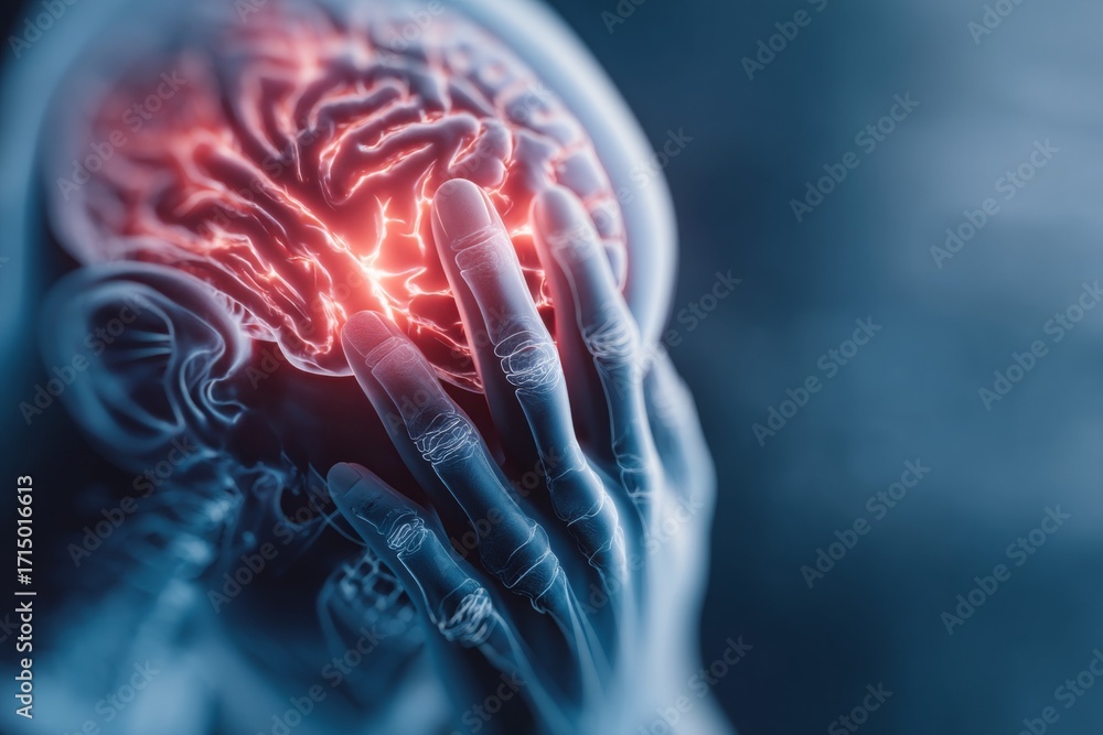 Aufkleber human brain with neural activity highlighted by glowing red areas in x-ray style