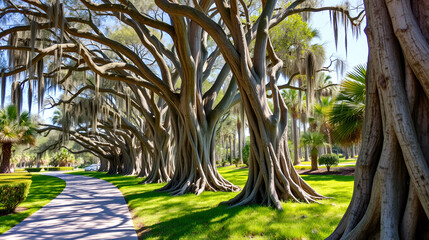 A view of aerial roots of the bald cypress trees beside a path in a park near to Fort Lauderdale, Florida on bright sunny day
