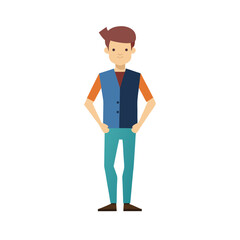 stylish young man outfit with vest and jeans flat color illustration