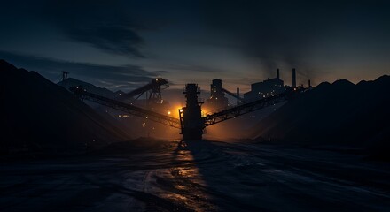 Heavy machinery operates at a coal mine during the night, illuminating the dark landscape with industrial activity and creating a moody atmosphere.
