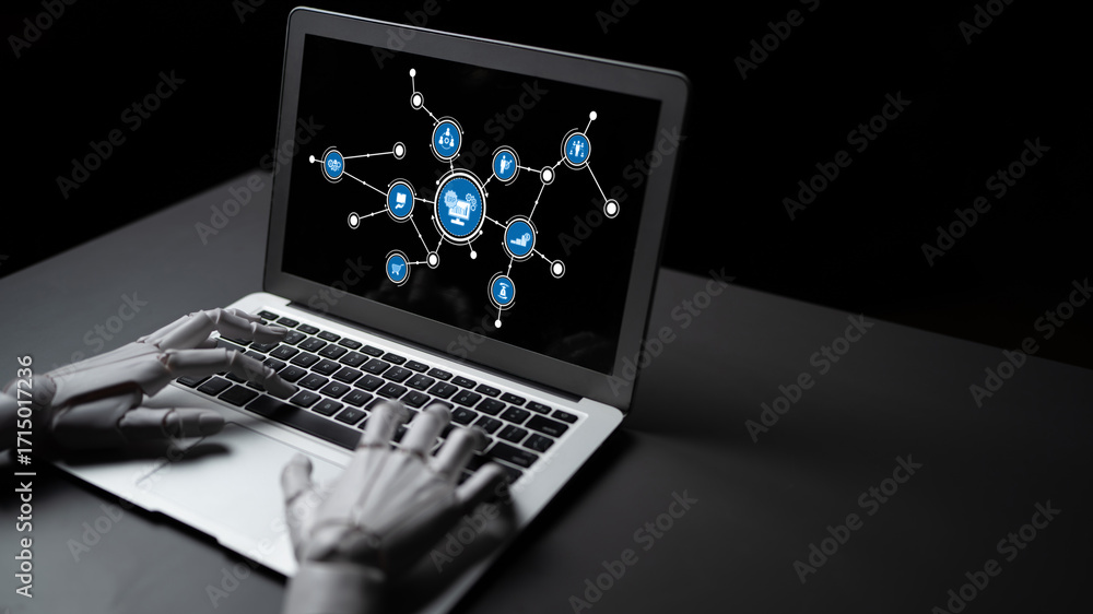 Poster a robotic hand engages with a laptop, illustrating the intersection of technology and digital connec