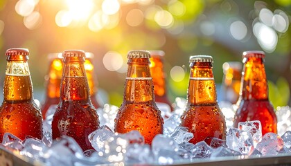 Cool beer bottles on ice
