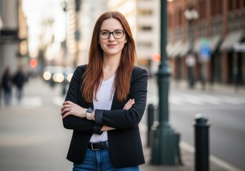 Professional young woman with glasses standing confidently outdoors in a city street with arms crossed