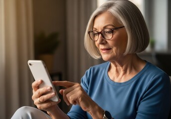 Elderly woman wearing glasses engaged with her smartphone in a cozy indoor setting browsing or texting