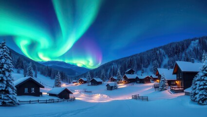 Aurora borealis paints the night sky above a snowcovered village landscape