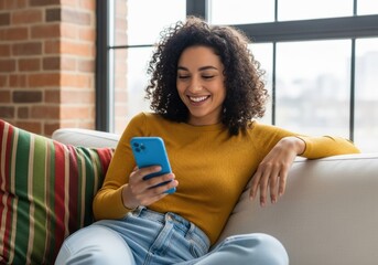 Smiling woman with curly hair enthusiastically interacting with her smartphone while relaxing on a comfortable sofa indoors.