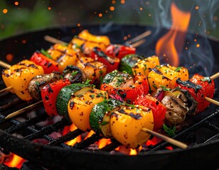 Grilled vegetable skewers on barbecue