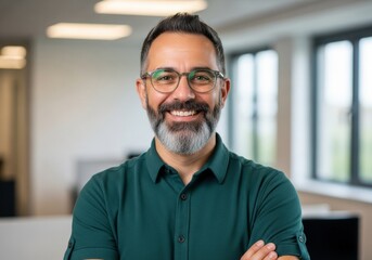 Smiling middle-aged man with glasses and beard wearing green shirt in modern office environment confidently posing