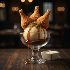 Fried chicken served atop creamy ice cream in a glass bowl, drizzled with caramel sauce, showcasing a unique dessert concept with rich textures and vibrant colors
